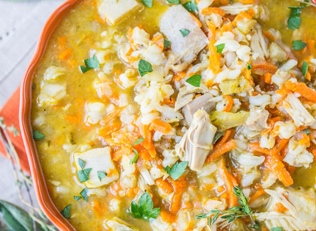 Turkey barley soup in a large bowl