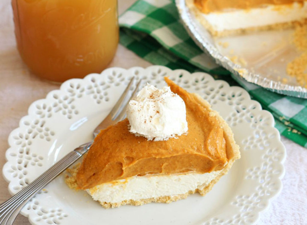 Slice of no-bake double layer pumpkin pie