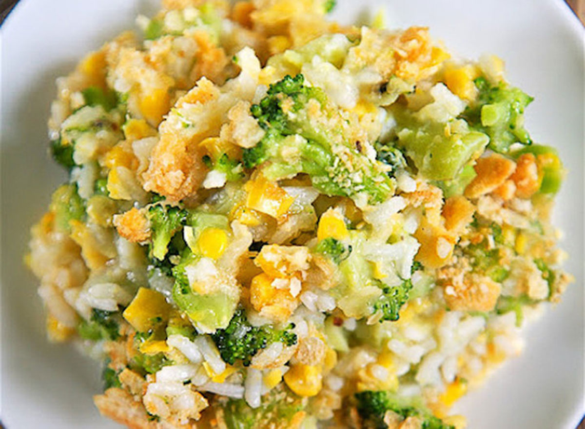 Corn broccoli and rice casserole finished on a plate