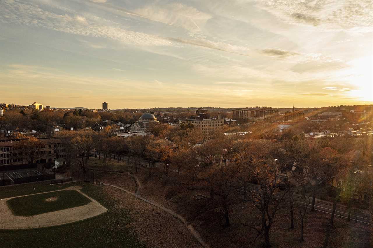 DECEMBER 5 2021 - Brookline, Mass.,which recently became the first town in the United States to ban tobacco sales based not on current age, but on birth date: anyone born after Jan. 1, 2000 will never be able to buy tobacco there, no matter how old they are. Overlooking Amory Park Fields and the Temple Ohabei Shalom to the southwest in Brookline, MA.
