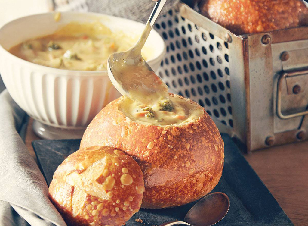 Panera Bread broccoli cheddar soup in bread bowl