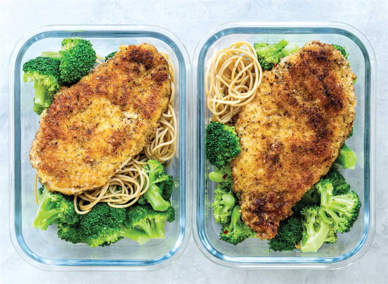 parmesan crusted chicken breasts with broccoli and spaghetti