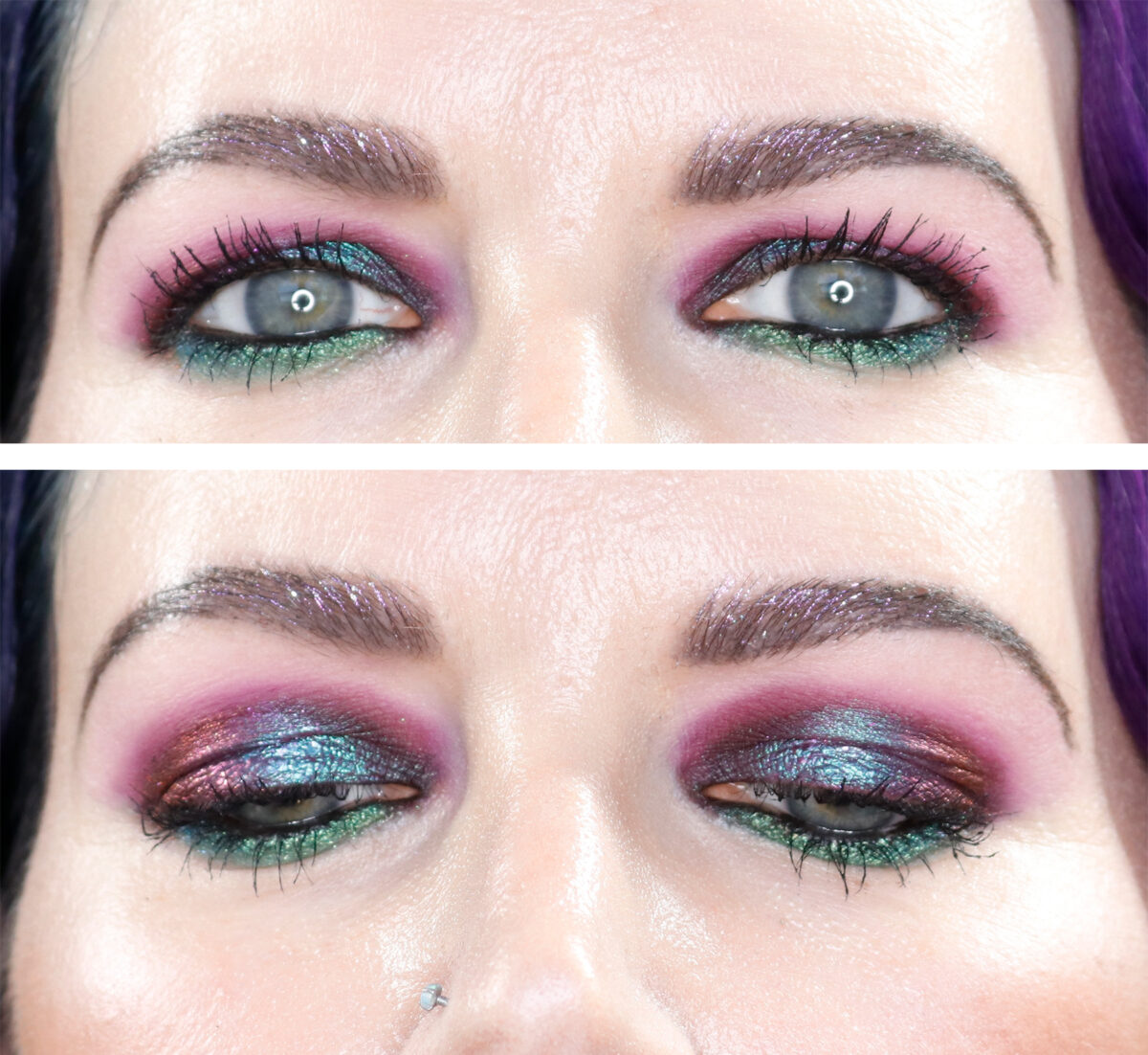 Cordelia is wearing multichrome makeup on hooded eyes