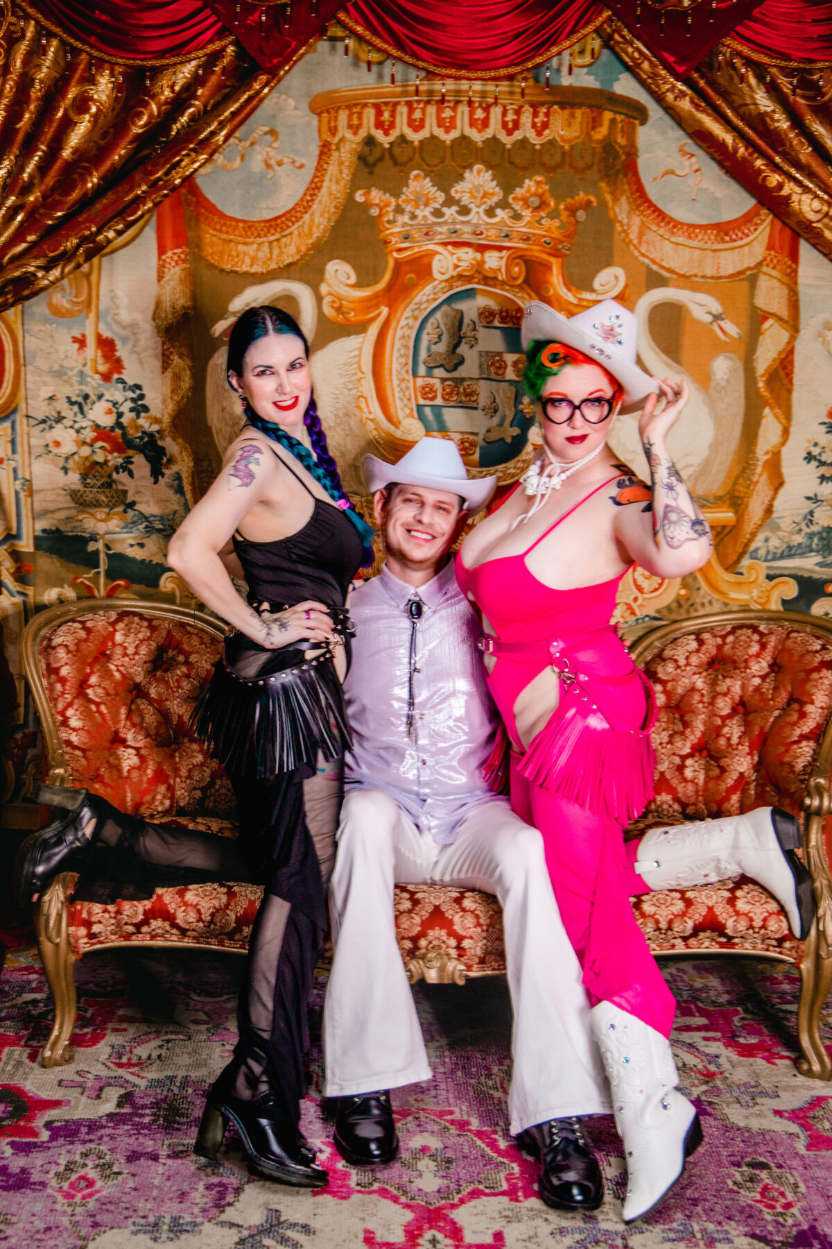 Dave with Cordelia and Carlye in kitsch outfits