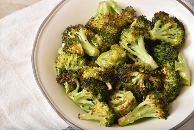 Overhead view of a bowl of roasted <a href=