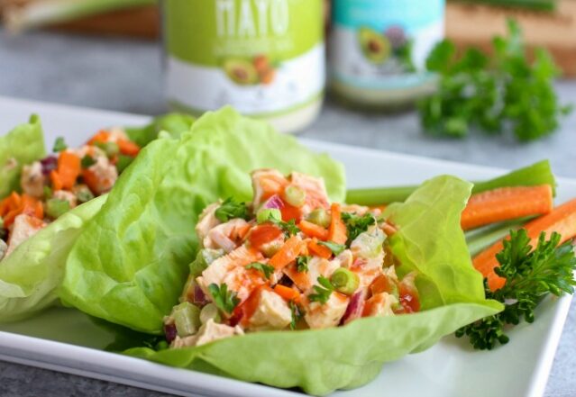 Buffalo chicken salad in lettuce cups with <a href=