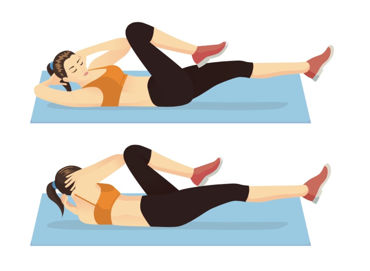 woman doing bicycle crunches, concept of workouts to deflate belly bounce