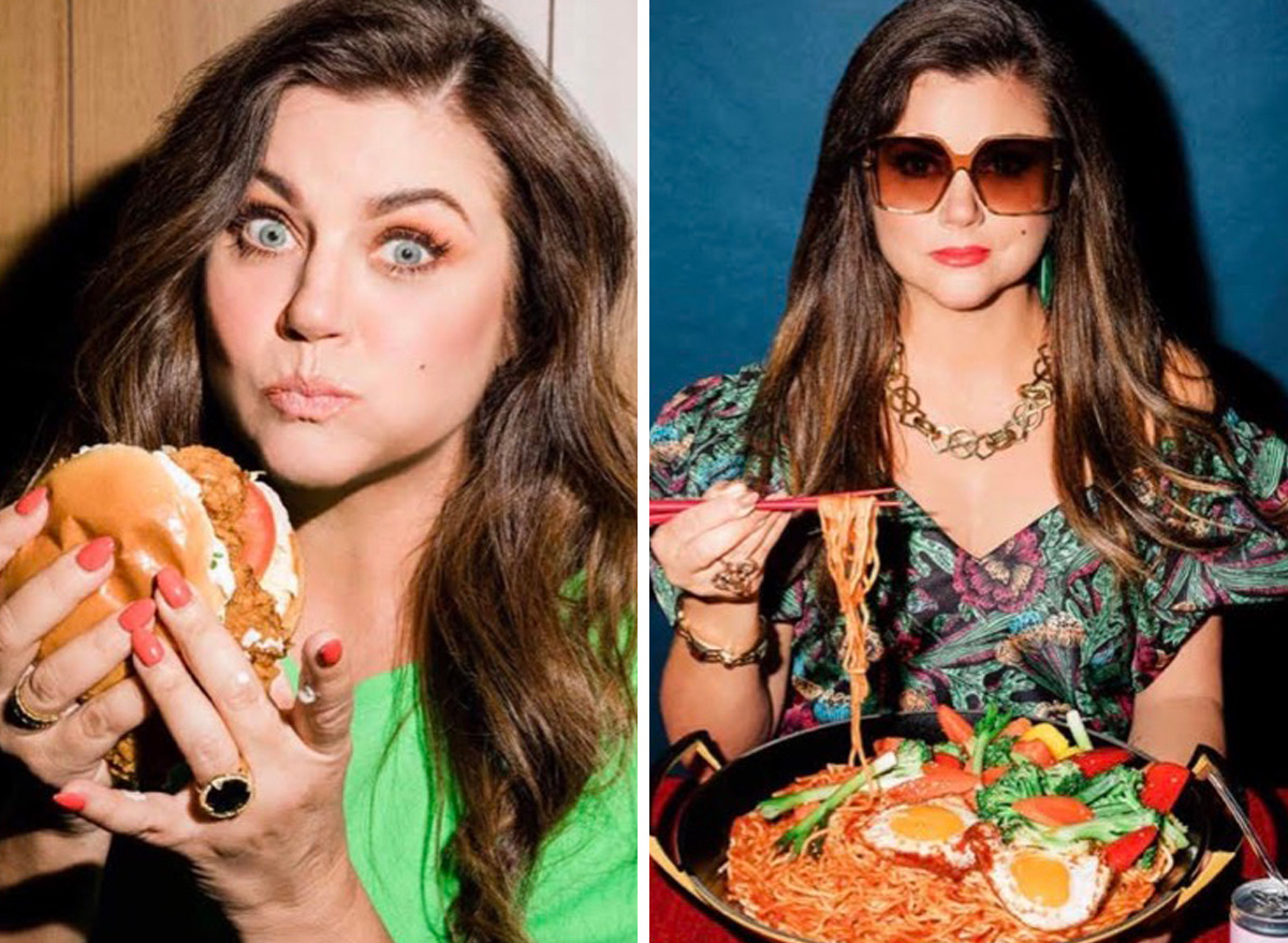 tiffani thiessen eating chicken sandwich and noodles