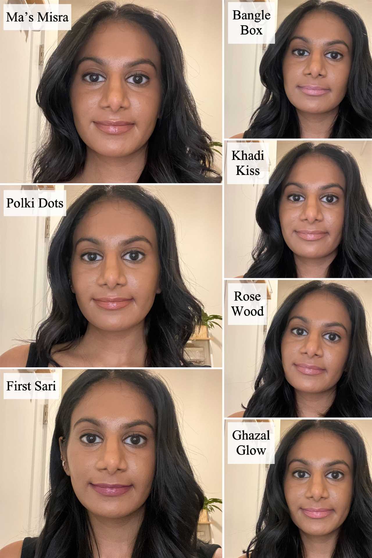 Woman wearing all the shades of the Kulfi Beauty Heirloom Satin Lipstick.