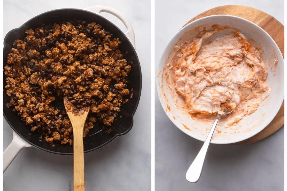 Side-by-side images of browned ground turkey in a skillet and chili cheese dip ingredients mixed in a bowl.