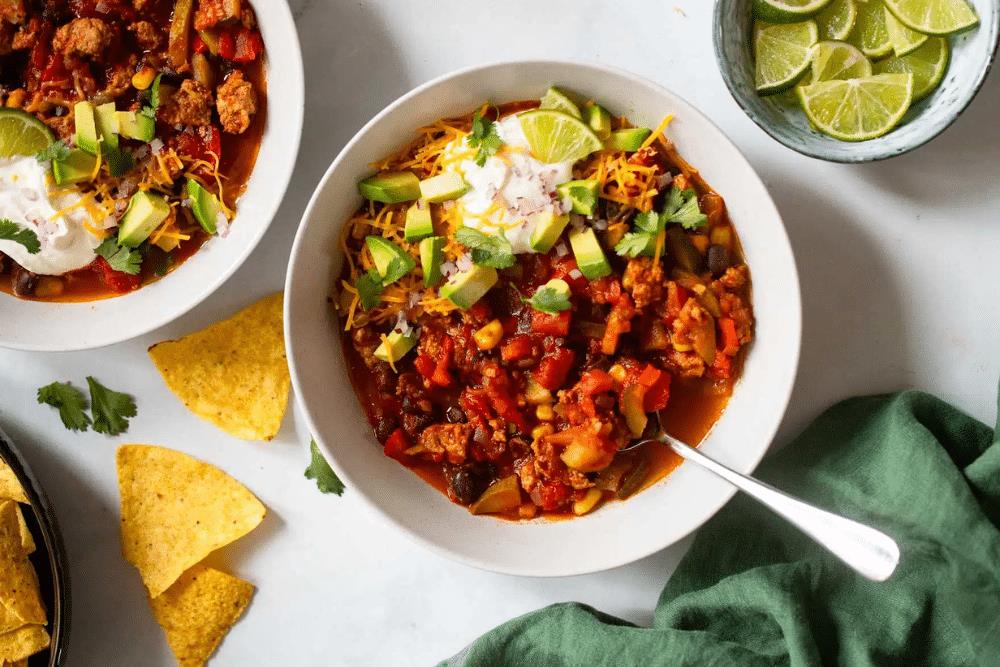 Overhead view of a bowl of healthy turkey chili.