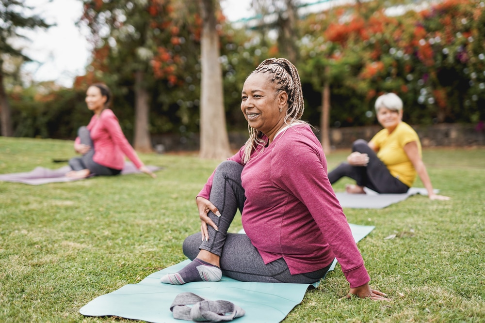 woman stretching outside