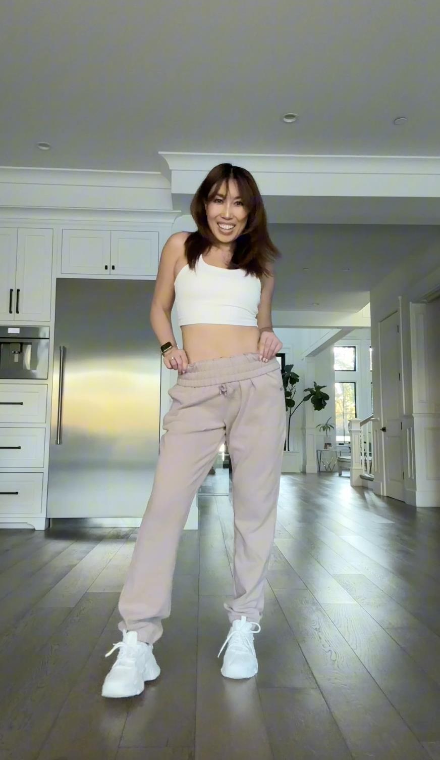 cassey ho wearing popflex ooey gooey drawstring sweatpants perfect sweatpants 