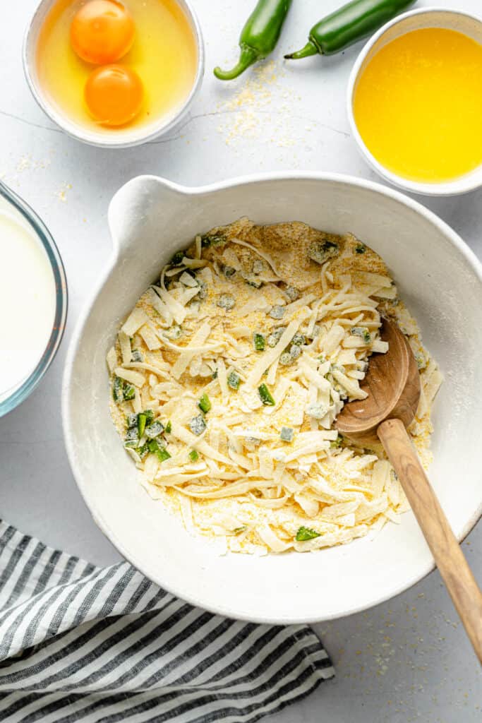 dry cornbread ingredients in mixing bowl