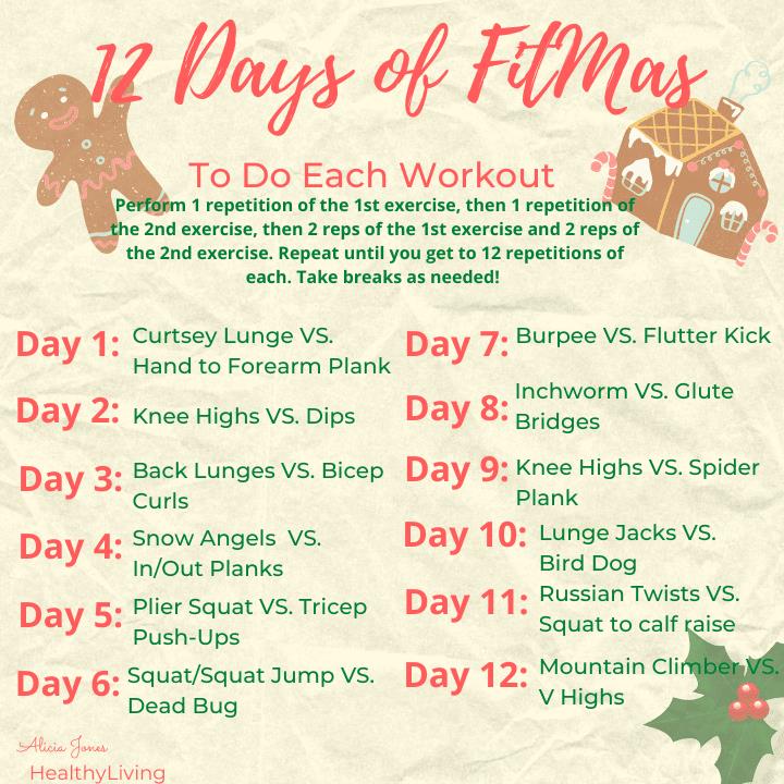 To do the workout, do 1 repetition of exercise 1, then 1 repetition of exercise 2, then do 2 repetitions of exercise 1 and 2 repetitions of exercise 2. Do this until you repeat 12 repetitions of each exercise. 2 Exercises per day.