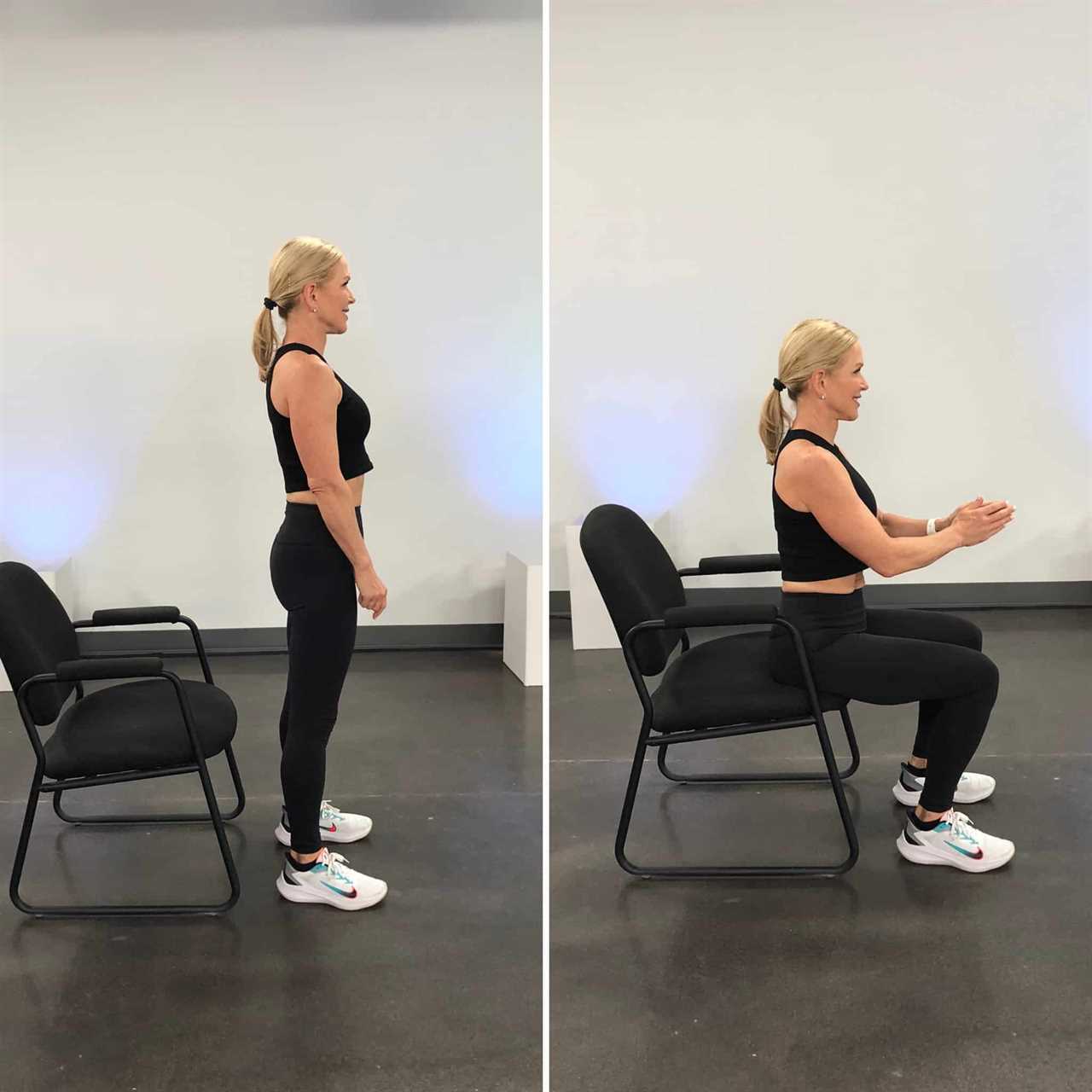 Chris Freytag demonstrating the two positions of a chair squat using a black chair to improve balance 