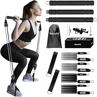 WeluvFit Pilates Bar Kit with Resistance Bands Pilates Bar with Non-Slip Foot Belts 3-SectionExercise Equipment for Women  Men Home Workouts Stainless Steel Stick Squat Yoga for Full Body